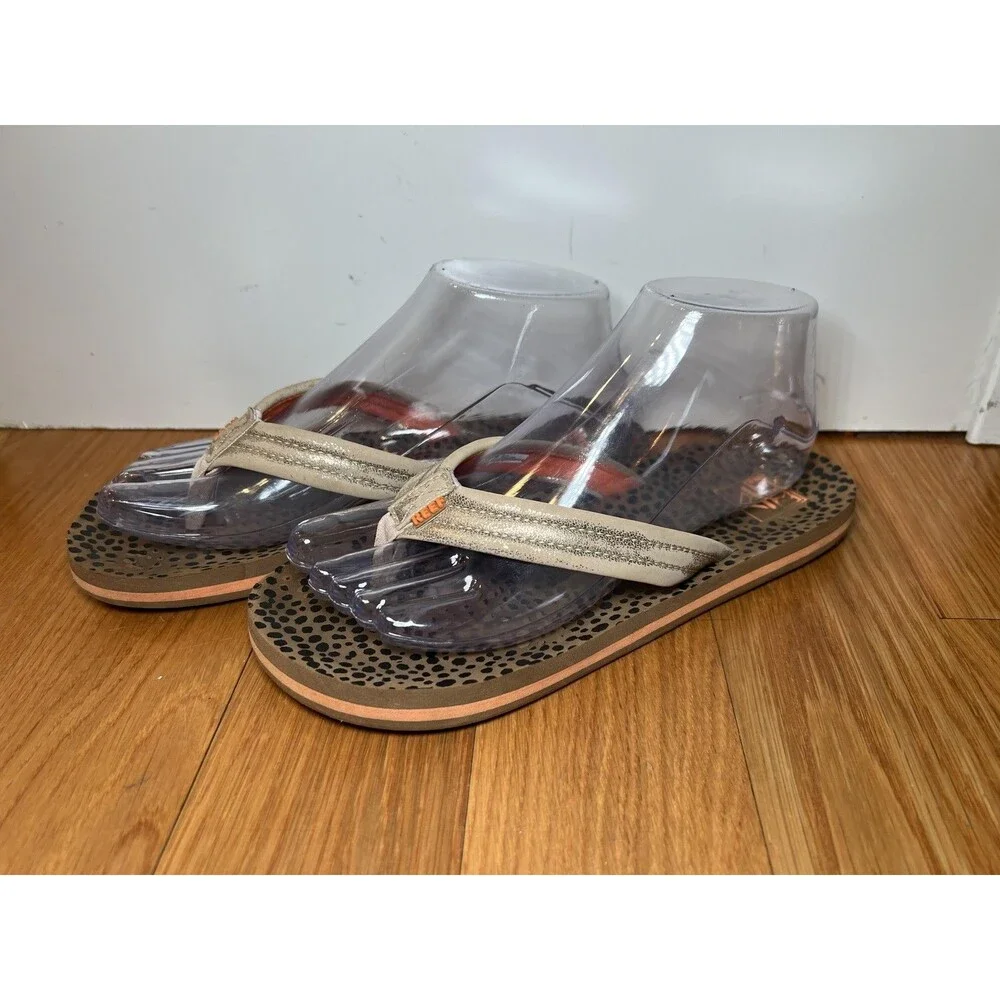 Reef Sandals Shoes Kids Size 5 Beige Ahi Flip Flop Animal Print Beach Casual